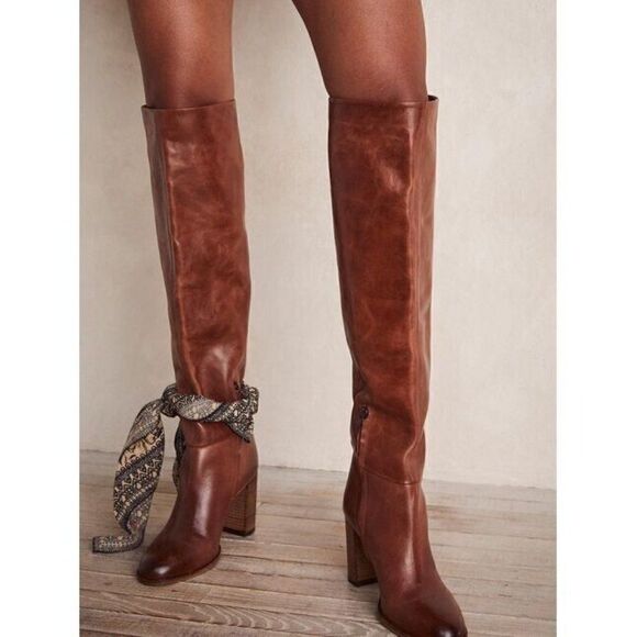 NEW FREE PEOPLE DAKOTA TALL BOOTS IN COGNAC LEATHER - Picture 2 of 5